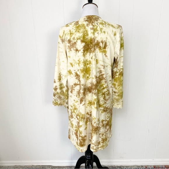 LOGO Lori Goldstein Lavish Cream Brown Tie-Dye Crochet Lace Duster Pockets Sz M - Picture 16 of 16